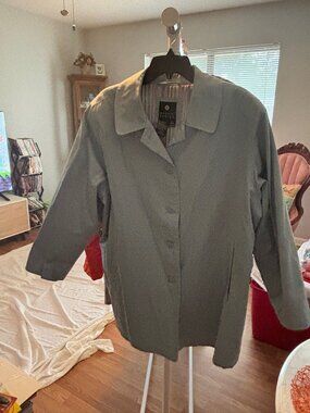 Maggie Barnes Women's Rain Jacket Size 1X Powder Blue Button Front Car Coat Stri